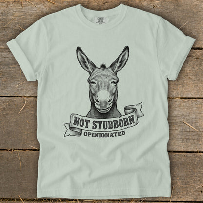 Light green t-shirt with a drawing of a donkey and text "Not Stubborn, Opinionated".