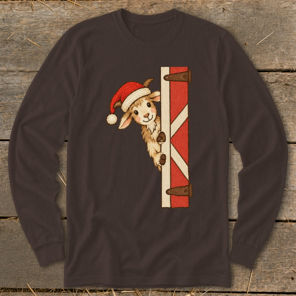 Brown long-sleeve shirt with a llama wearing a Santa hat peeking from behind a red barn door.