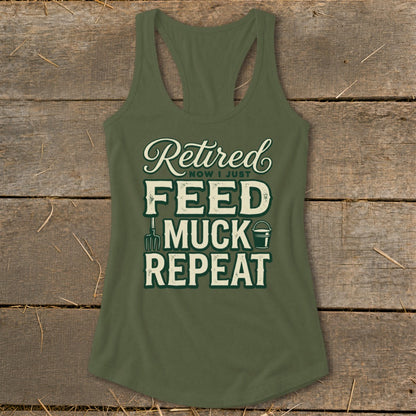 Tank top with text "Retired Now I Just Feed Muck Repeat" and gardening icons.