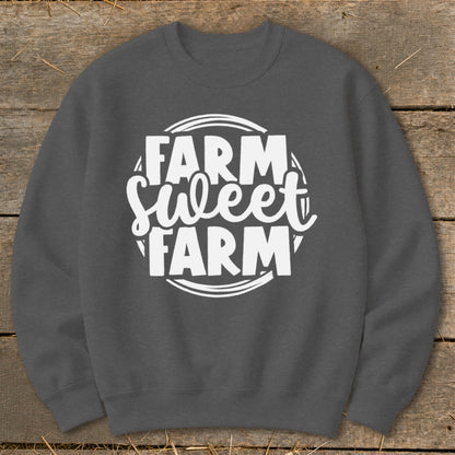 Dark gray crewneck sweatshirt with white "Farm Sweet Farm" text in a circular design.