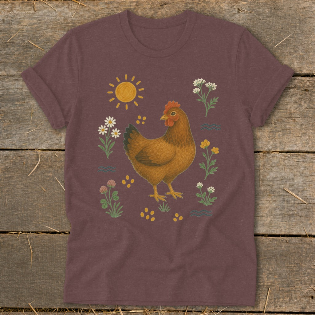 Brown hen illustration with sun and flowers on a maroon t-shirt.