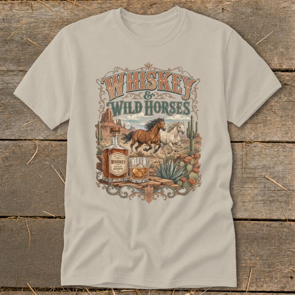 Whiskey & Wild Horses desert scene with horses running, bottle, and glass.