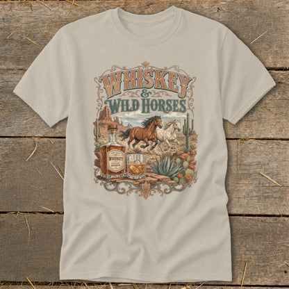 Whiskey & Wild Horses desert scene with horses running, bottle, and glass.
