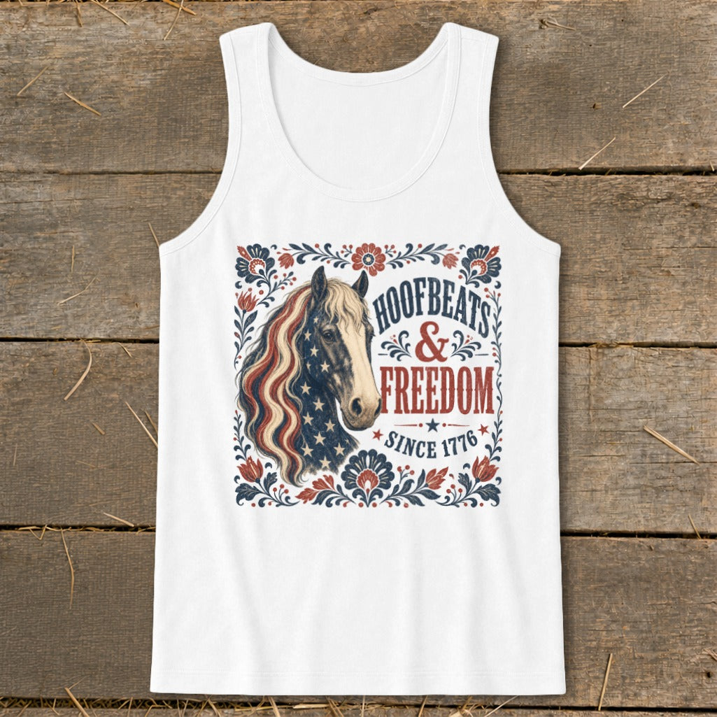 White tank top with patriotic horse graphic and text "HOOFBEATS & FREEDOM SINCE 1776".