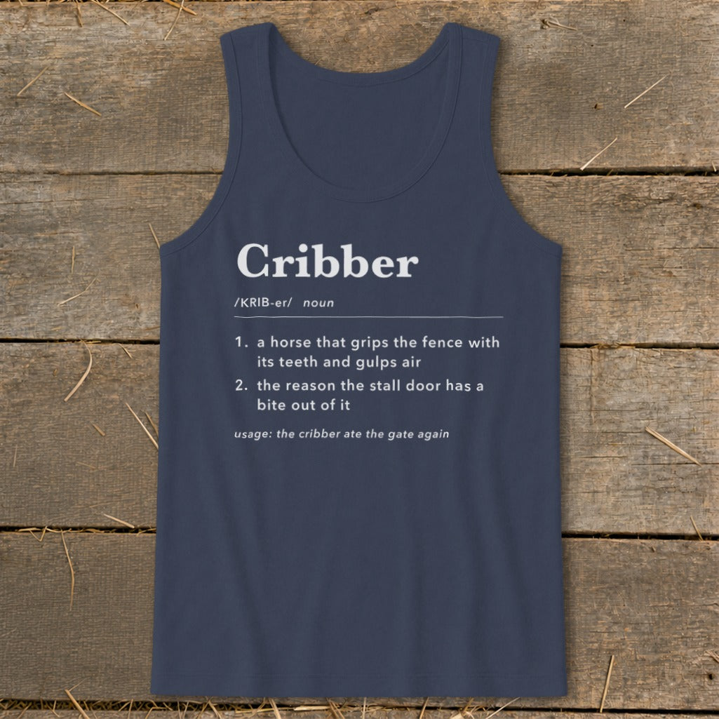 Navy blue tank top featuring white text defining the term "Cribber" laid out like a dictionary entry.
