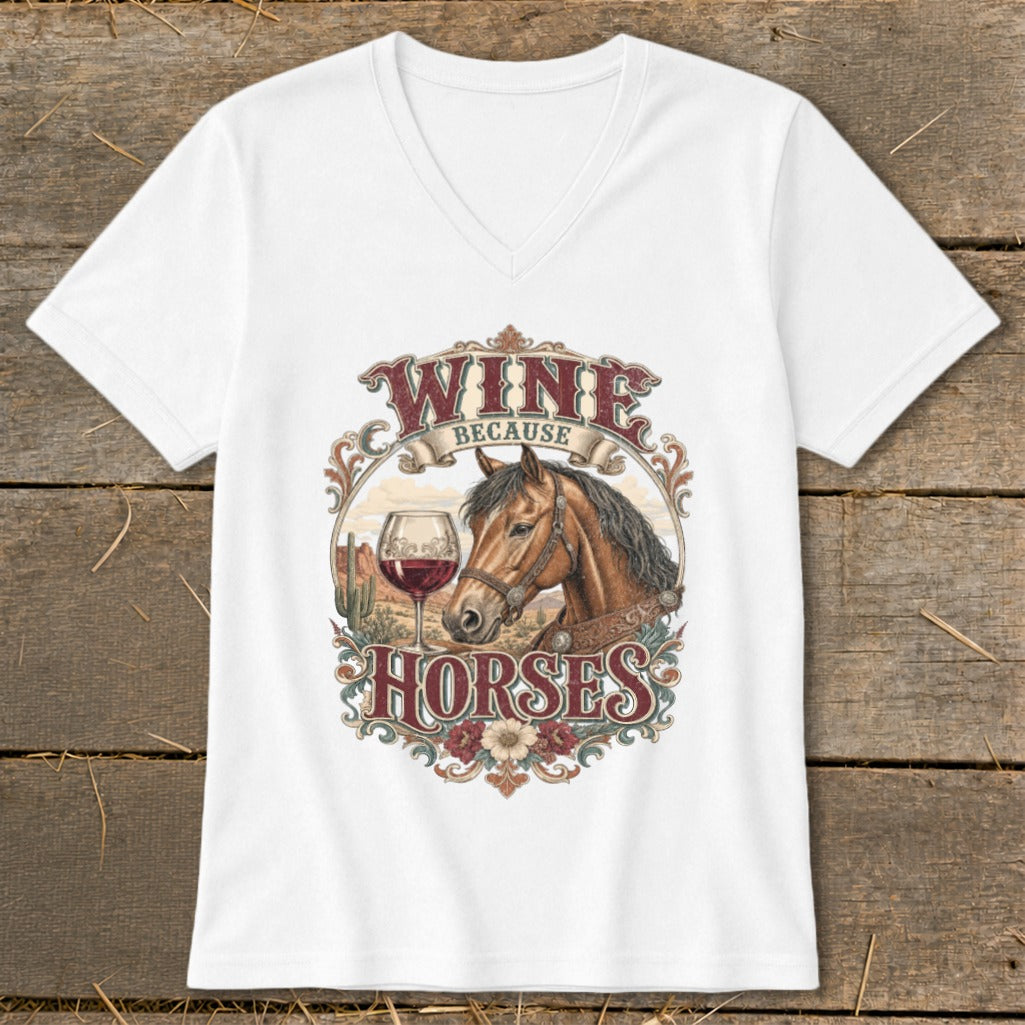 White t-shirt with vintage graphic: wine, horse, desert landscape, and text.