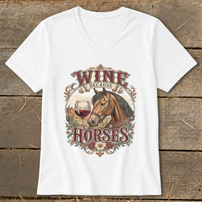 White t-shirt with vintage graphic: wine, horse, desert landscape, and text.