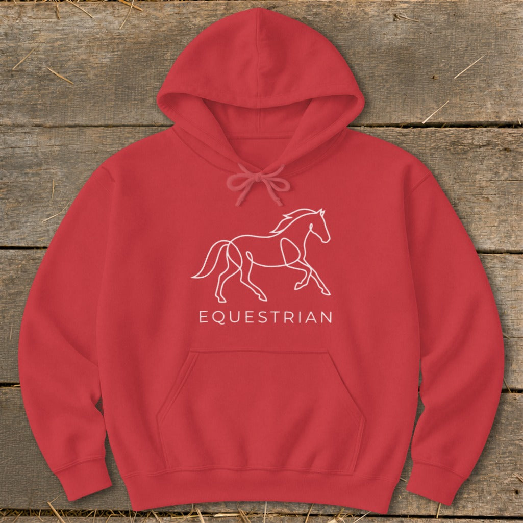 Red hooded sweatshirt with a white line drawing of a horse and the word "EQUESTRIAN".