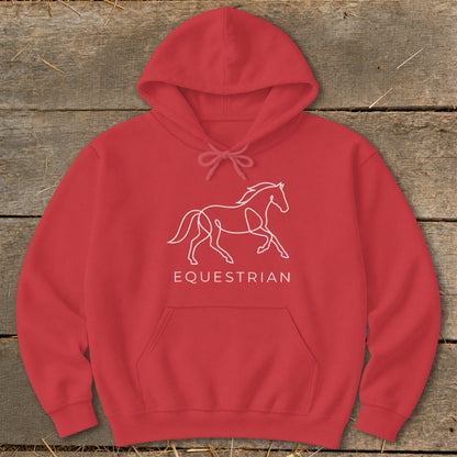 Red hooded sweatshirt with a white line drawing of a horse and the word "EQUESTRIAN".