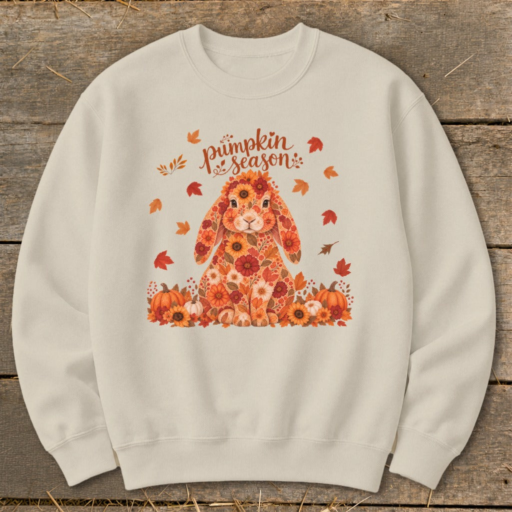 Light beige crewneck sweatshirt with a floral bunny and pumpkins design, reads "pumpkin season".