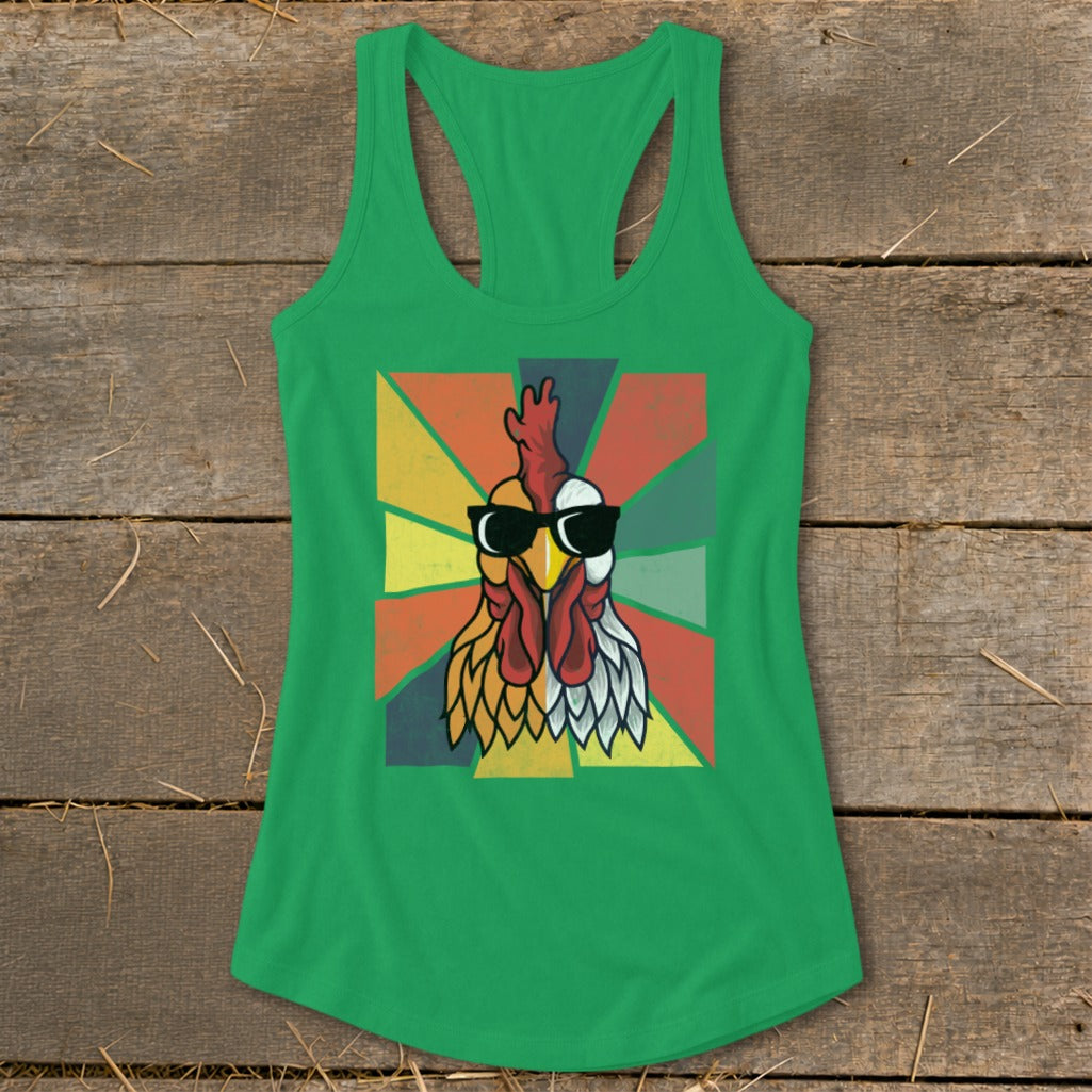 Green tank top with a rooster wearing sunglasses and a colorful geometric background.