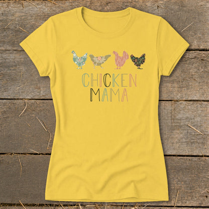 Yellow t-shirt with four patterned chickens and "Chicken Mama" text.