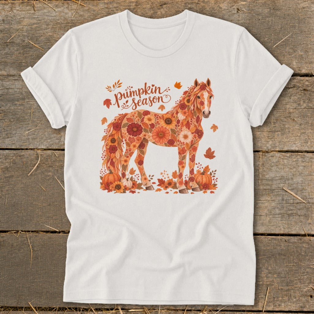White t-shirt with a floral horse design and "Pumpkin Season" text.