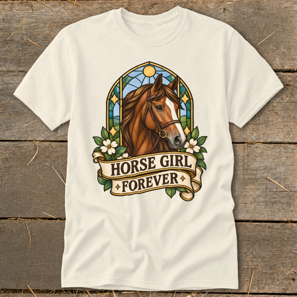 Cream t-shirt with a stained-glass style horse head, flowers, and banner text "HORSE GIRL FOREVER".