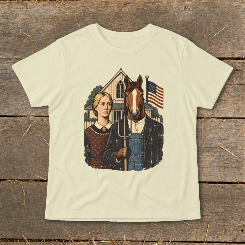 Cream t-shirt featuring a parody American Gothic graphic with a human woman and a horse-headed farmer holding a pitchfork.
