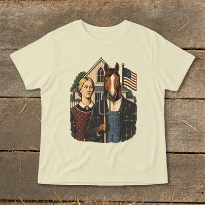 Cream t-shirt featuring a parody American Gothic graphic with a human woman and a horse-headed farmer holding a pitchfork.