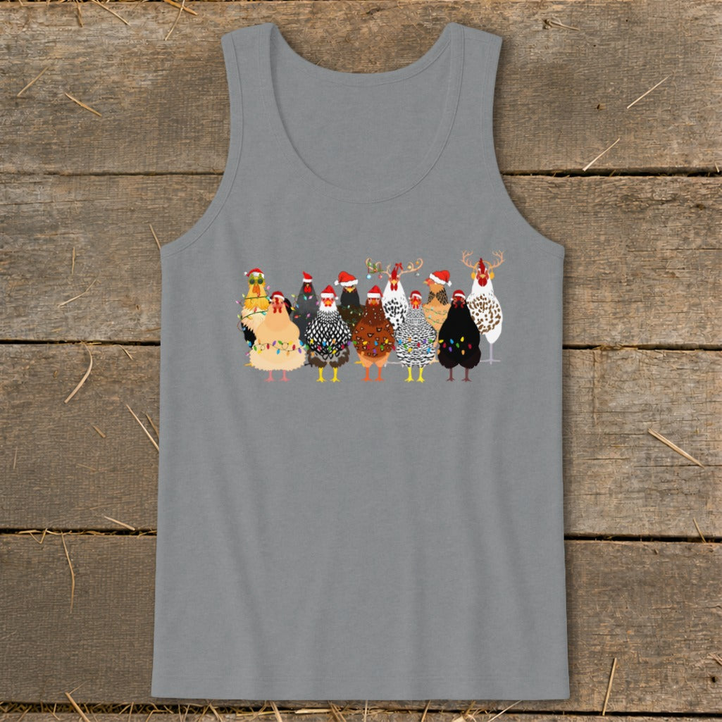 Christmas chickens wearing Santa hats and decorated with lights on a gray tank top.