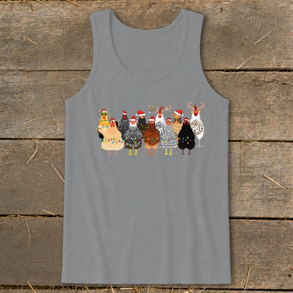 Christmas chickens wearing Santa hats and decorated with lights on a gray tank top.
