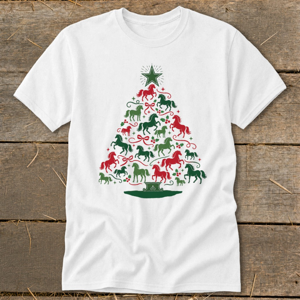 White t-shirt with a Christmas tree made of red and green horses.