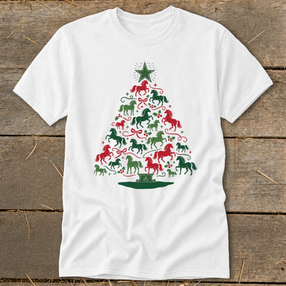 White t-shirt with a Christmas tree made of red and green horses.