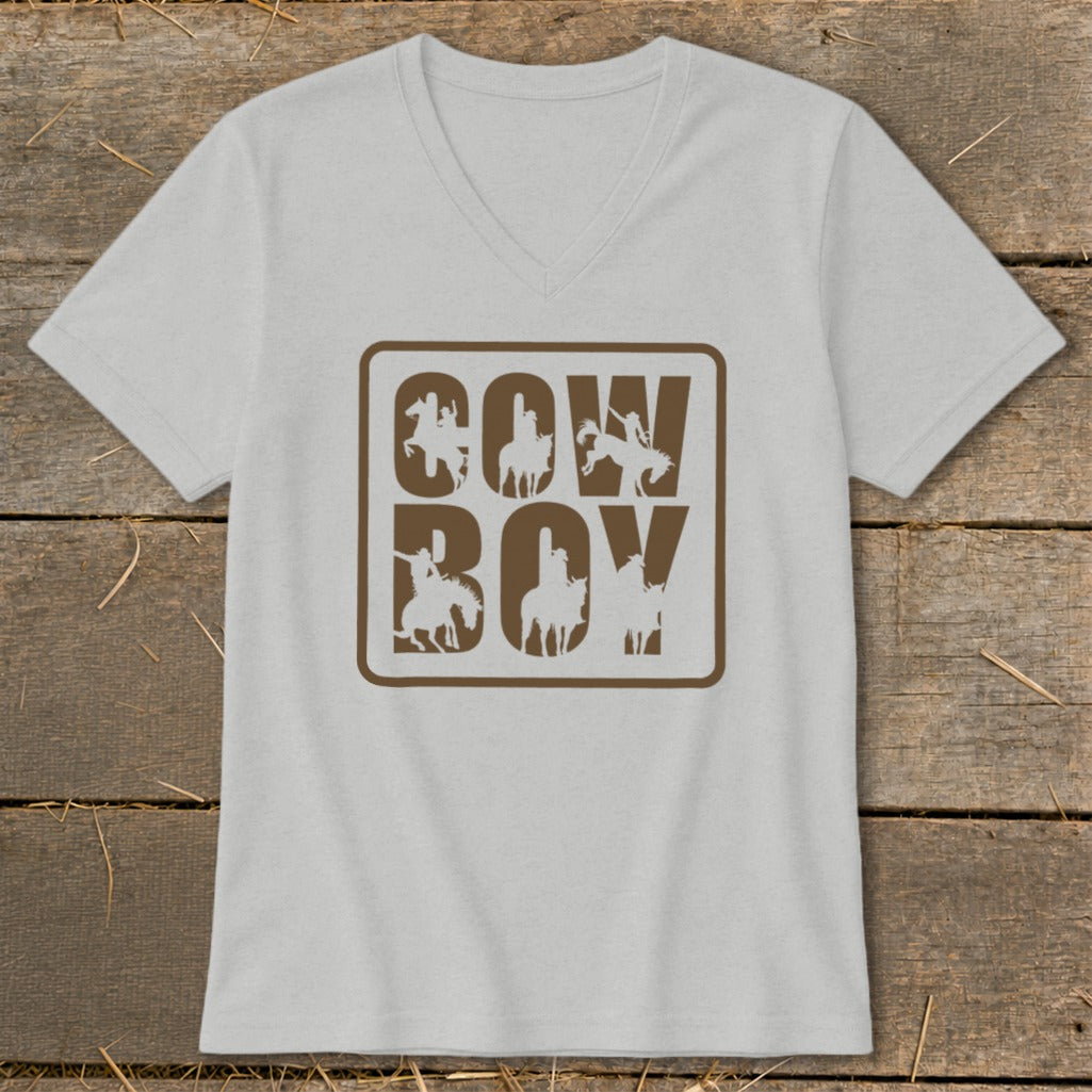 Grey t-shirt with brown "COW BOY" text and cowboy silhouettes.