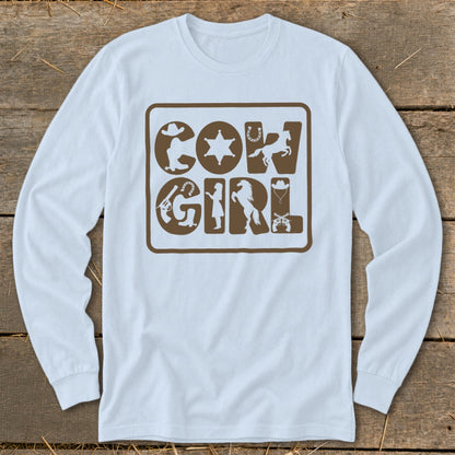 Long-sleeved t-shirt with brown "Cow Girl" graphic featuring western icons.