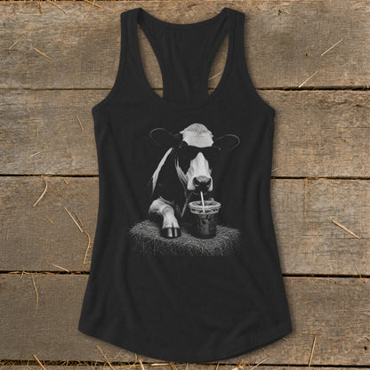 Black tank top with a graphic of a cow wearing sunglasses and drinking from a cup.