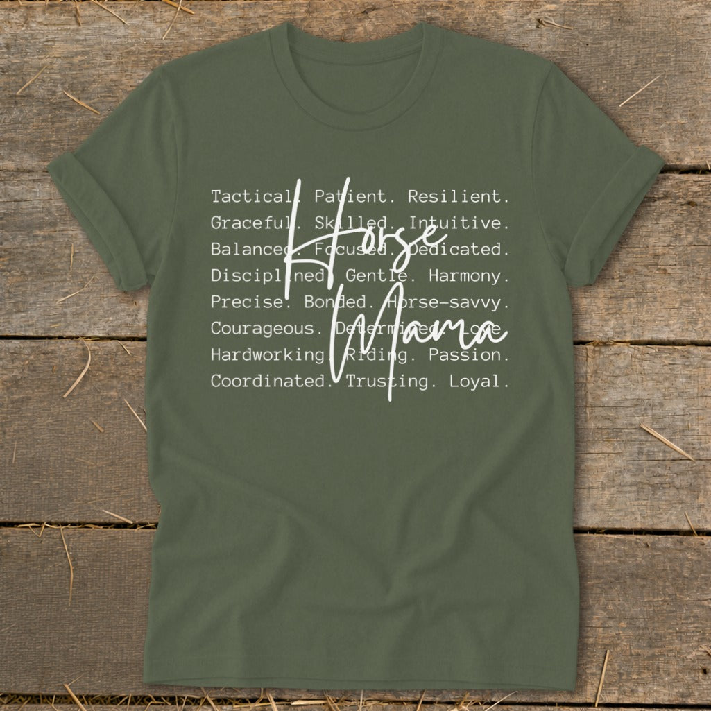 Green t-shirt with "Horse Mama" and descriptive words about horse riding.