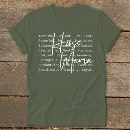 Green t-shirt with "Horse Mama" and descriptive words about horse riding.