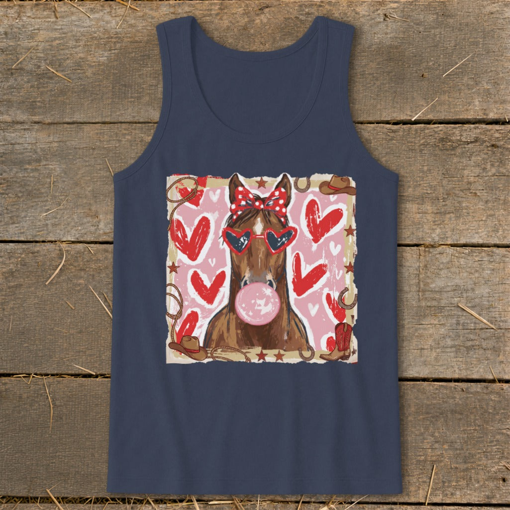 Horse with heart sunglasses and bubblegum on a pink heart background.