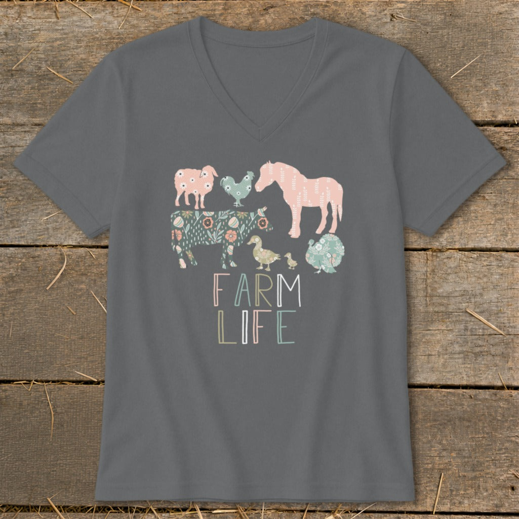 Gray v-neck shirt with a floral farm animal print and "FARM LIFE" text.