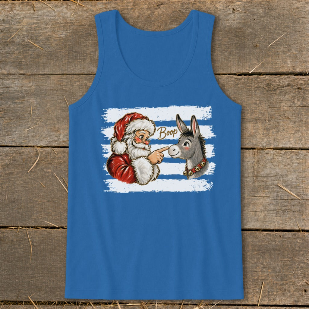 Santa booping a donkey with the word "Boop" on a blue tank top.