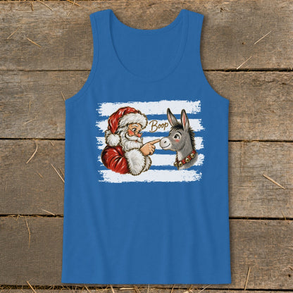 Santa booping a donkey with the word "Boop" on a blue tank top.