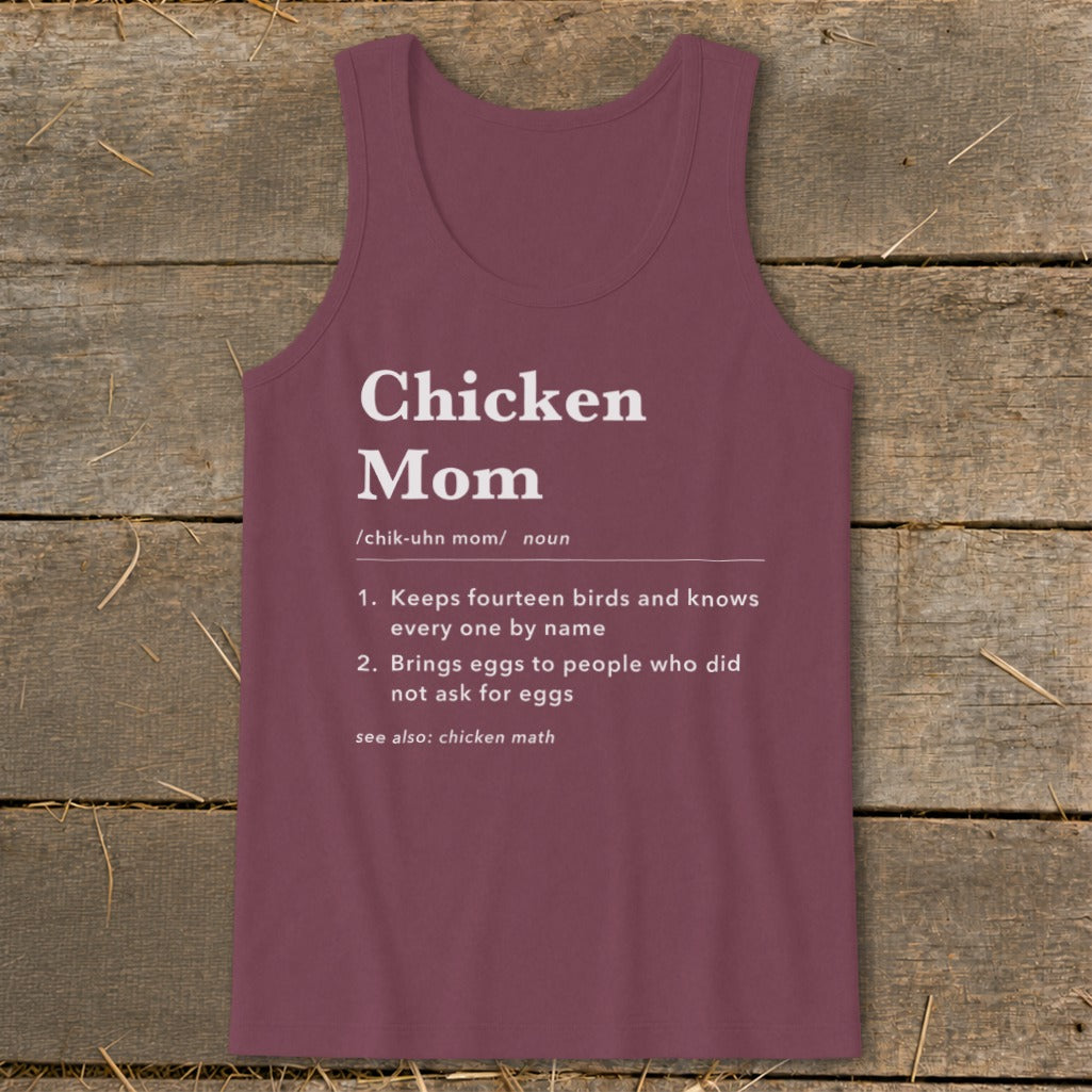 Maroon tank top with "Chicken Mom" definition printed in white text.