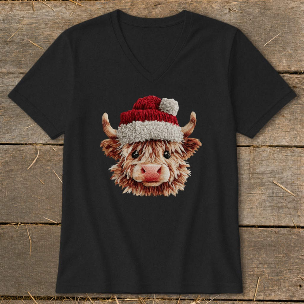 Black v-neck t-shirt with a fluffy cow wearing a Santa hat graphic.