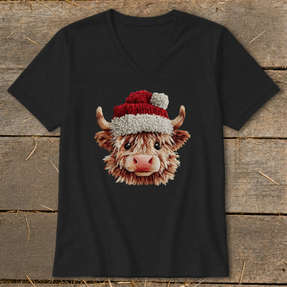 Black v-neck t-shirt with a fluffy cow wearing a Santa hat graphic.