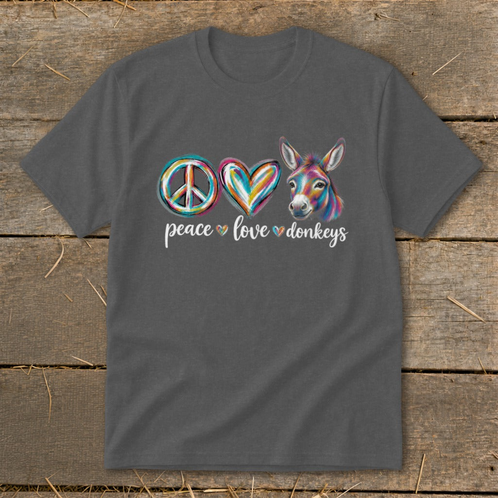 Dark grey t-shirt with "peace love donkeys" text and colorful donkey graphic.