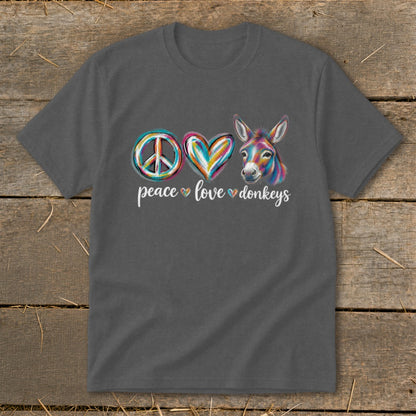 Dark grey t-shirt with "peace love donkeys" text and colorful donkey graphic.