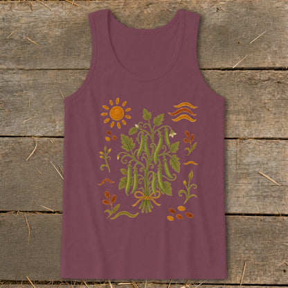 Maroon tank top with a stylized pea plant illustration surrounded by sun, waves, and leaves.