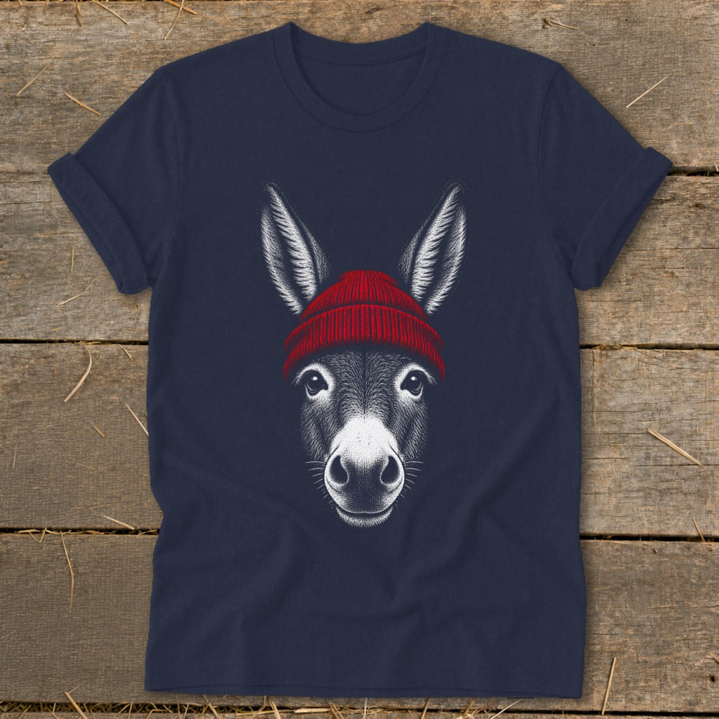 A dark blue t-shirt featuring a graphic of a donkey wearing a red beanie.
