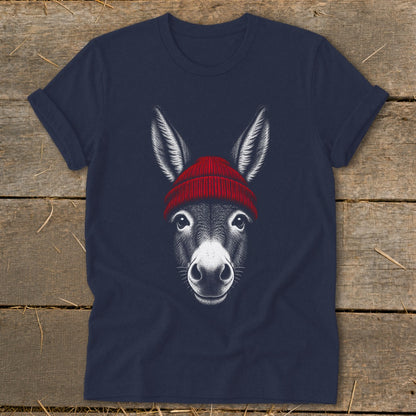 A dark blue t-shirt featuring a graphic of a donkey wearing a red beanie.