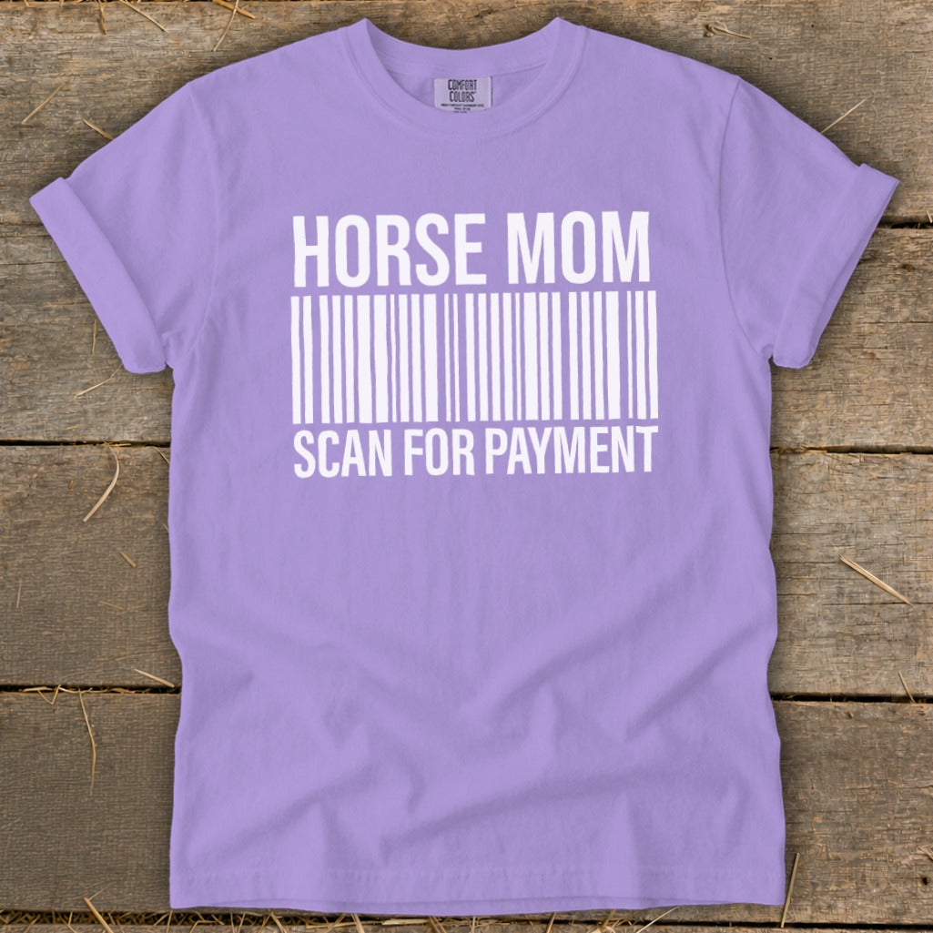Purple t-shirt with "HORSE MOM SCAN FOR PAYMENT" and a barcode in white.