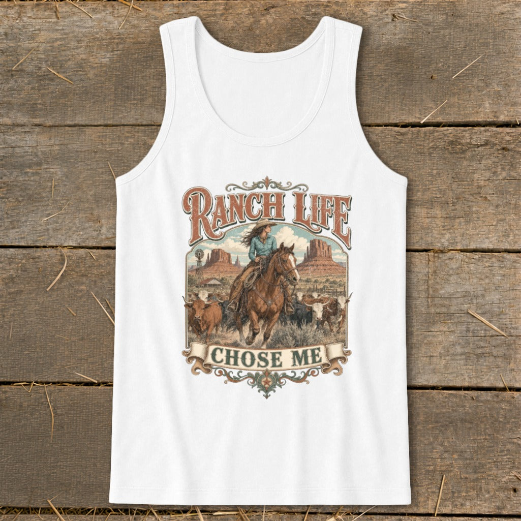 White tank top with "Ranch Life Chose Me" graphic featuring a cowgirl on horseback.