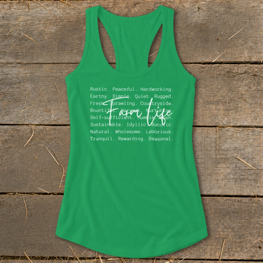 Green tank top with "Farm Life" and descriptive words in white text.