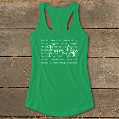 Green tank top with "Farm Life" and descriptive words in white text.