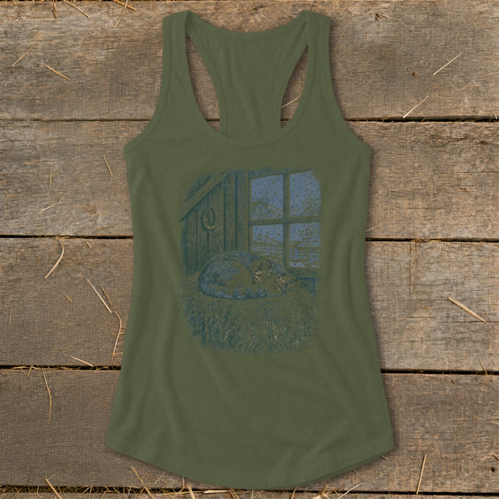 Olive green tank top with a drawing of a sleeping cat by a window.