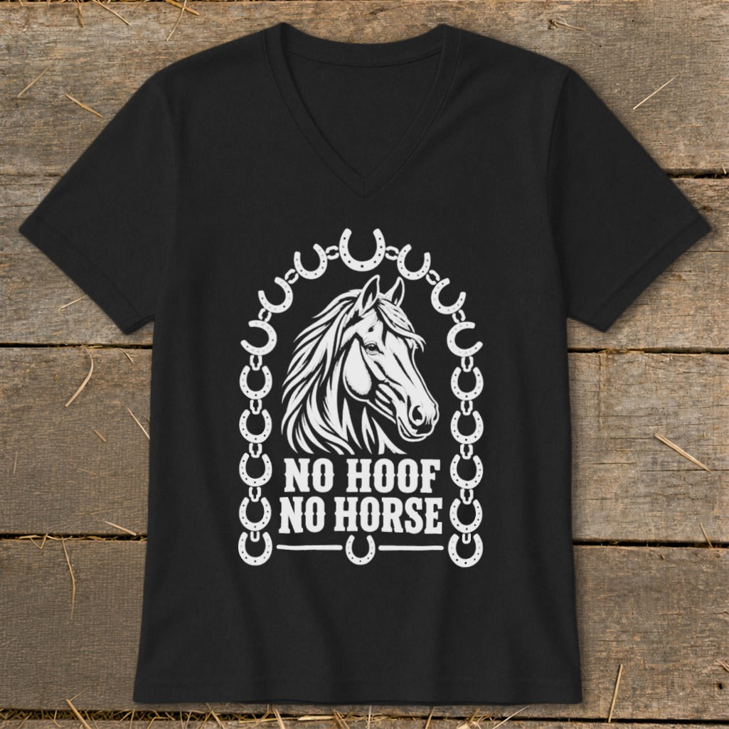 Black t-shirt with white horse head graphic and "NO HOOF NO HORSE" text.