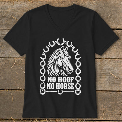 Black t-shirt with white horse head graphic and "NO HOOF NO HORSE" text.