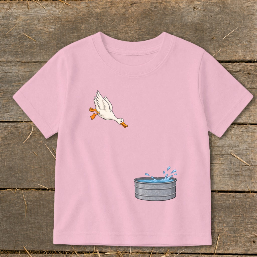 Pink t-shirt with cartoon goose diving into water tub graphic.