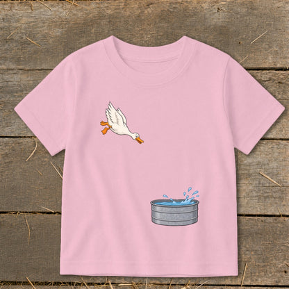 Pink t-shirt with cartoon goose diving into water tub graphic.